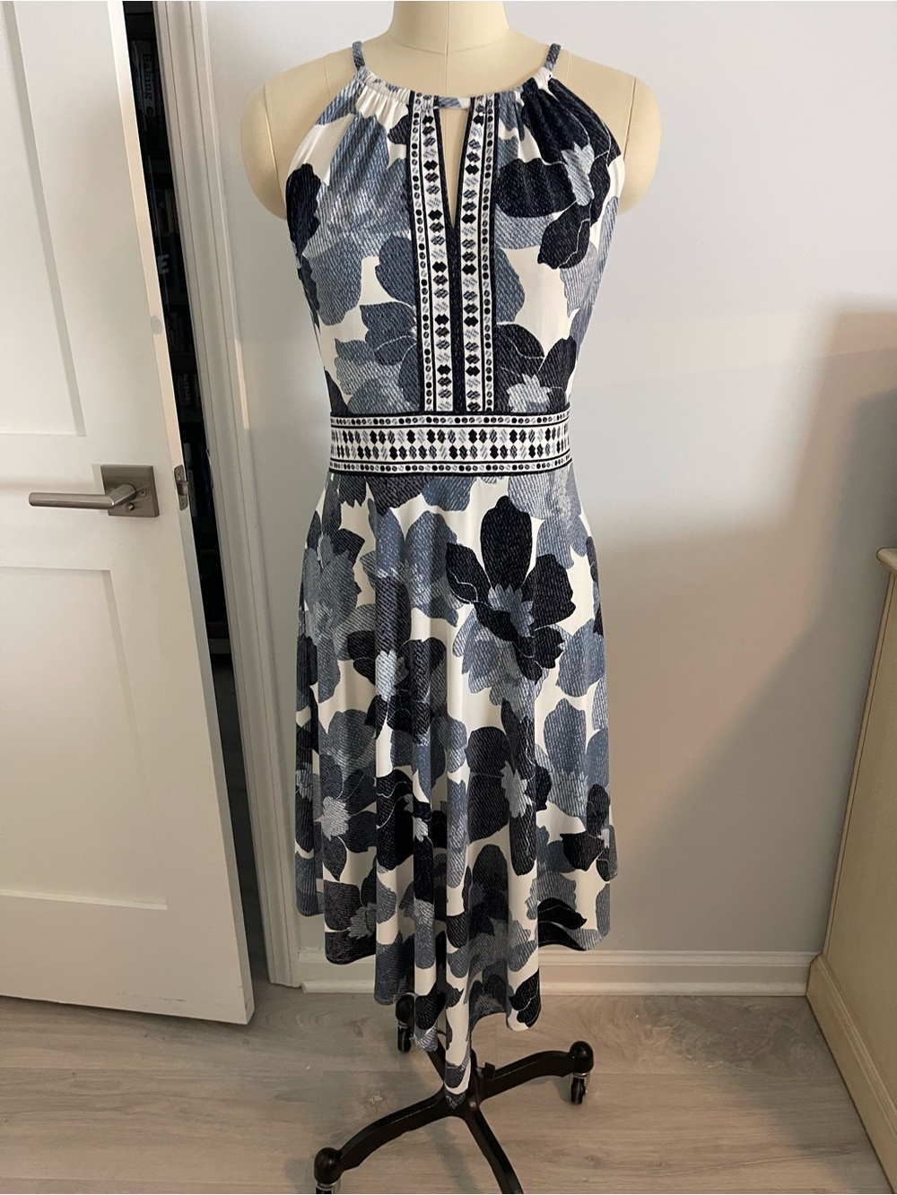 London Times Navy and White Floral Halter High-Low Dress
